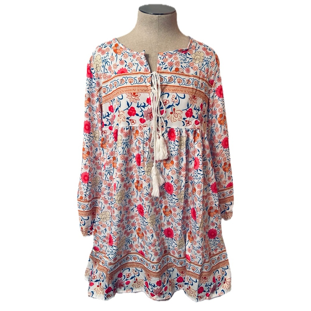 NWOT Long Sleeve Floral Mini Babydoll Dress with Tassels